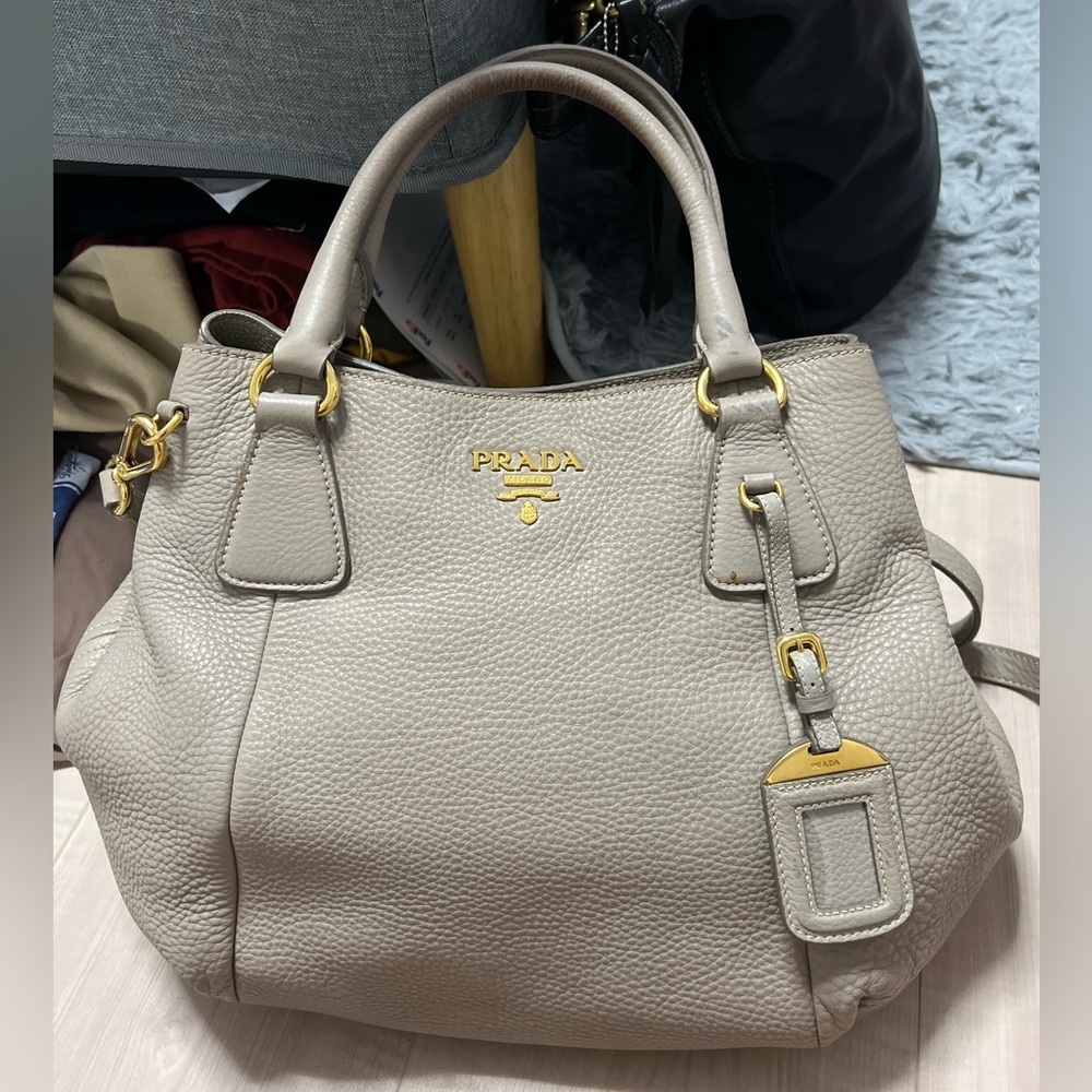 Prada Vitello Daino Neutral Leather Tote 2 Way Satchel Bag
